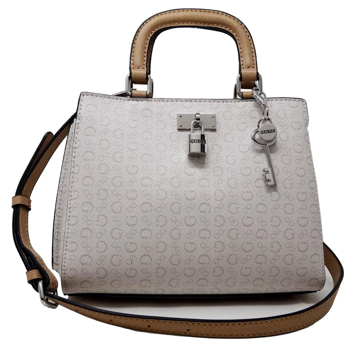 Guess Women`s White Tan Logo Print Small Mini Handbag Purse Crossbody Bag
