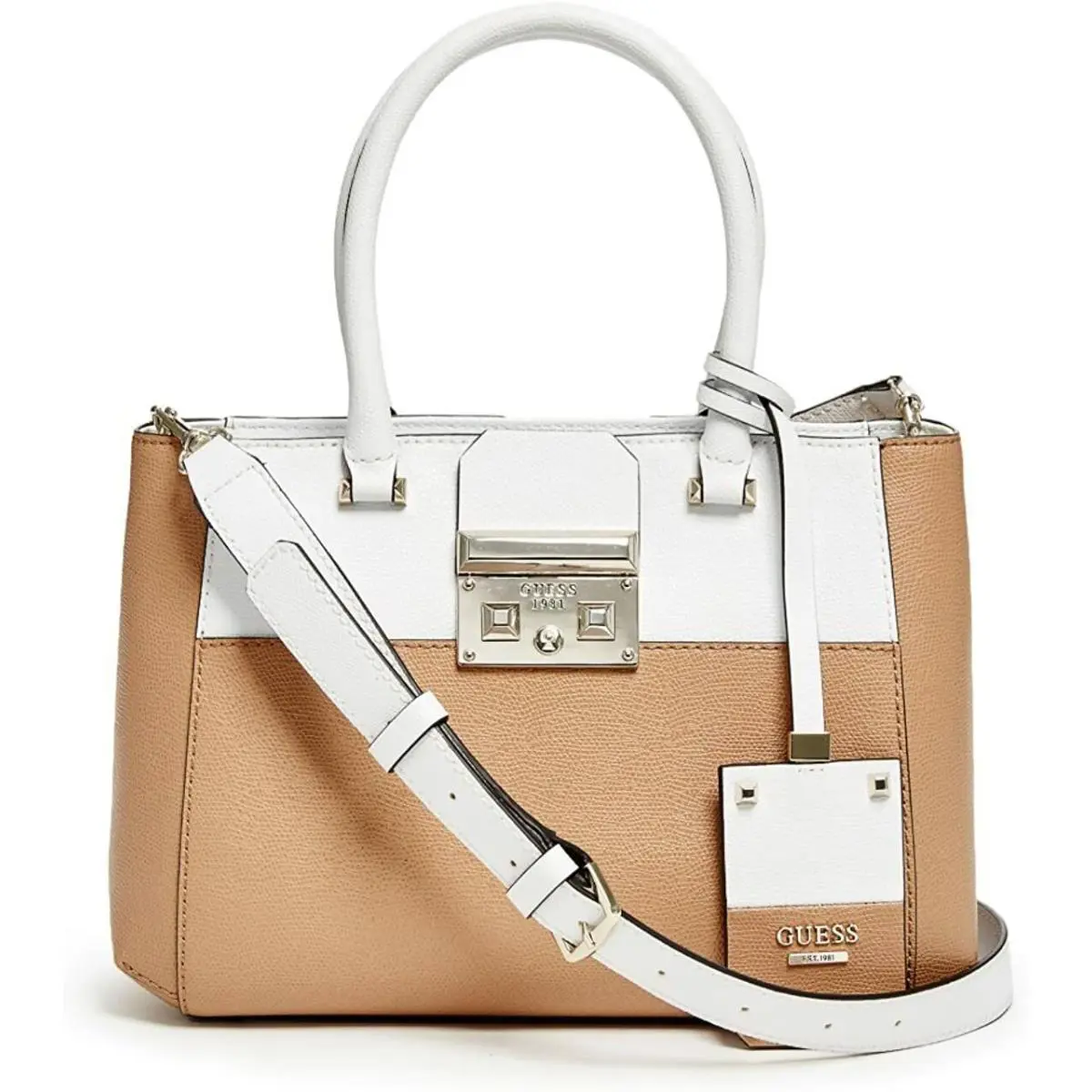 Guess Women`s Martine Beige Brown Tan White Satchel Handbag Purse Crossbody