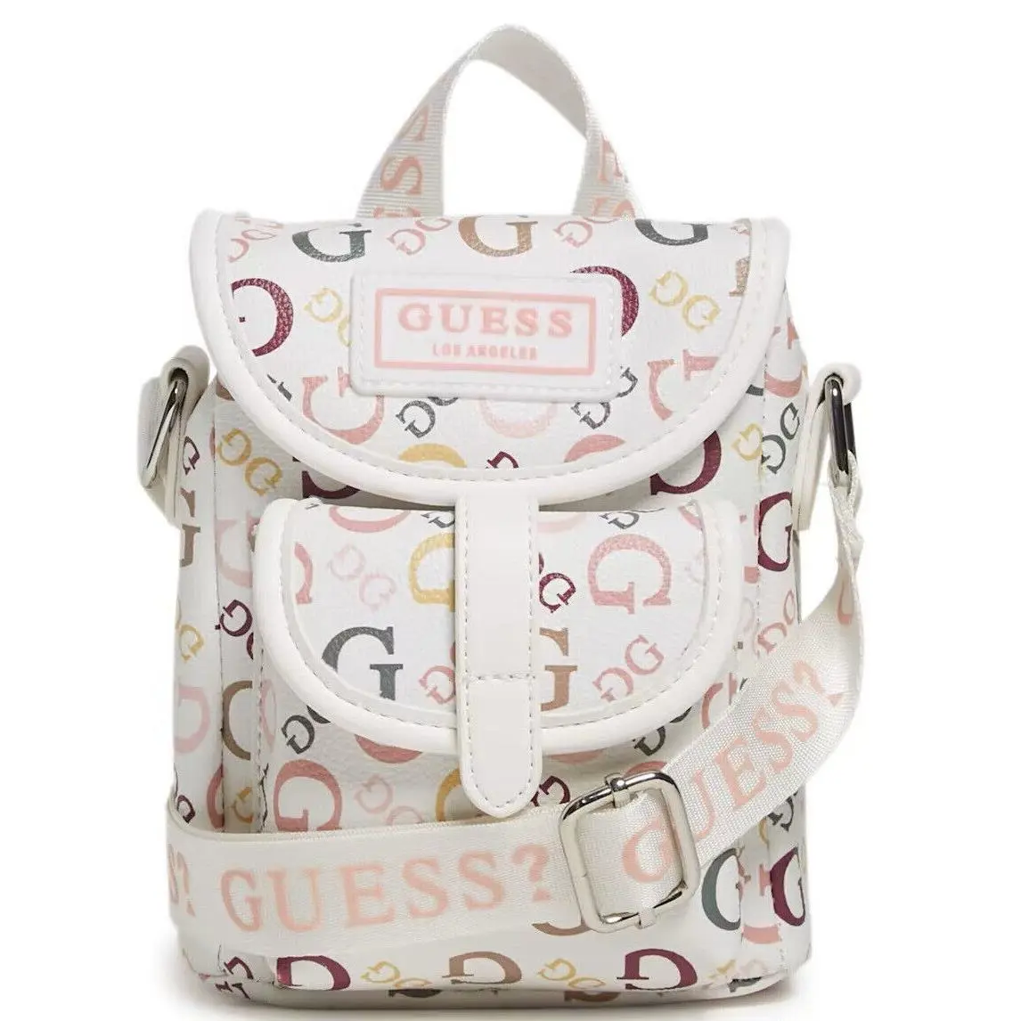 Guess Women`s Multi Color Logo Mini Backpack Style Crossbody Bag Handbag
