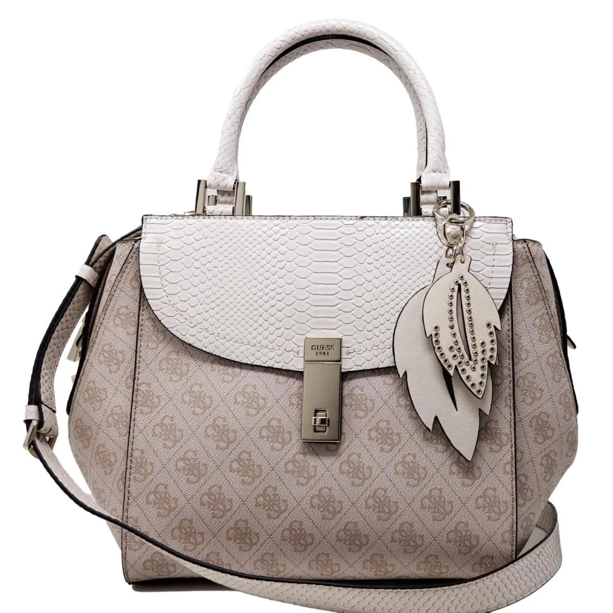 Guess Women`s Nissana White Beige Logo Print Satchel Crossbody Handbag Purse
