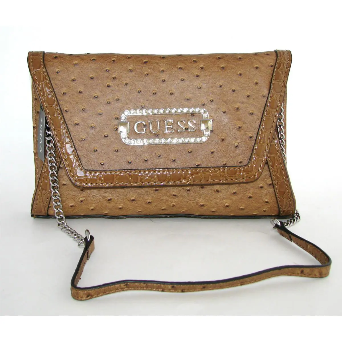 Guess Marciano Melina Cognac Ostrich Leatherette Chain Shoulder Hand Bag