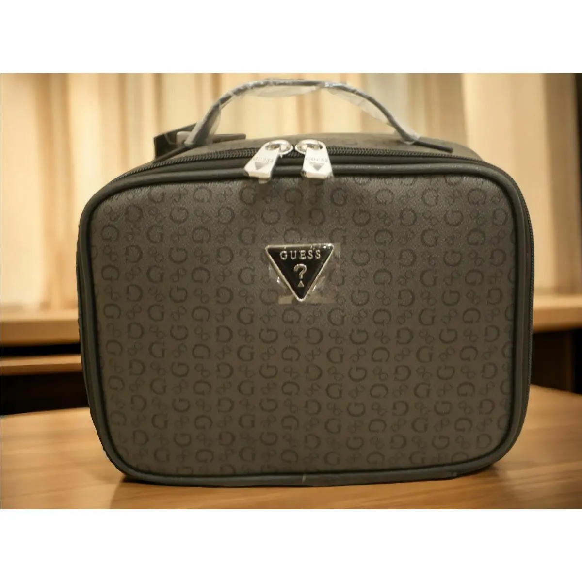 WT Guess Black Coal Logo Pvc Cosmetic Junction Travel Bag Pouch Top Handle