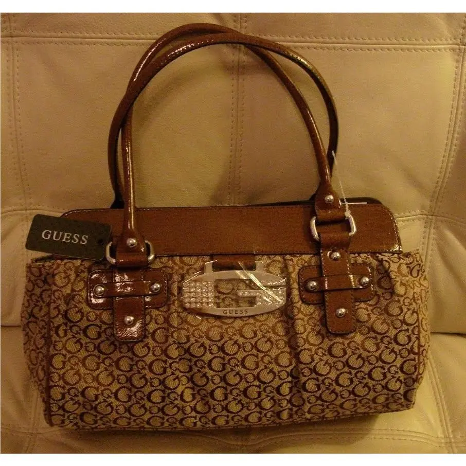 Purse Bag Tote Fabric Patent Leather Brown Rhinestone Tansy by Guess