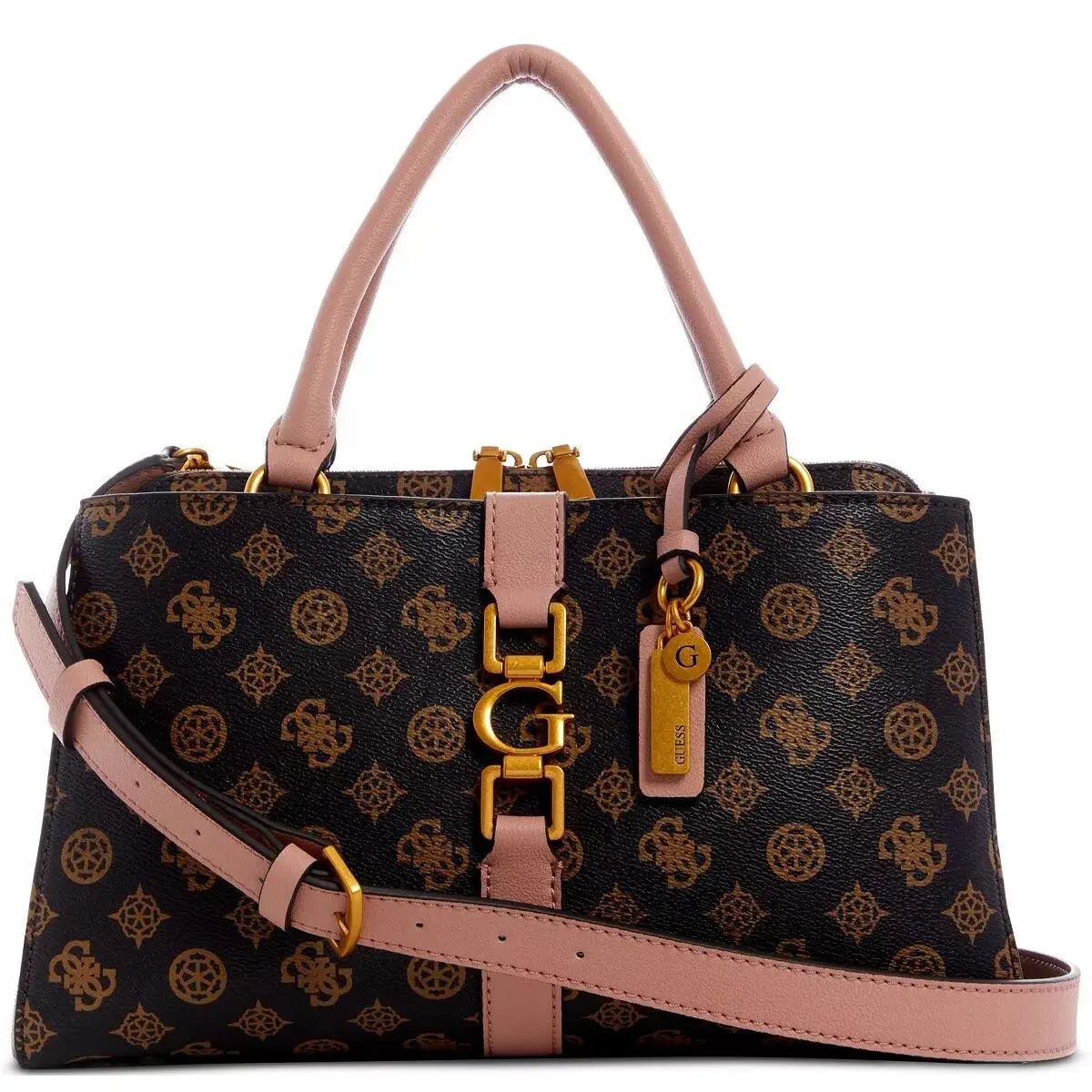 Guess Briana Girlfriend Medium Satchel Crossbody Tote Bag Handbag - Mocha / Pink