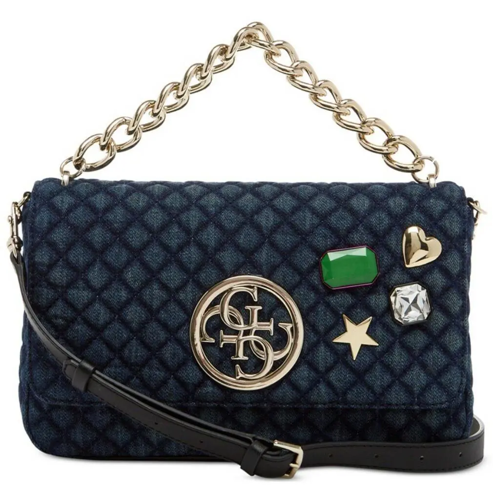 Guess Women`s Denim Quilted Heart Star Rhinestone Crossbody Bag Handbag