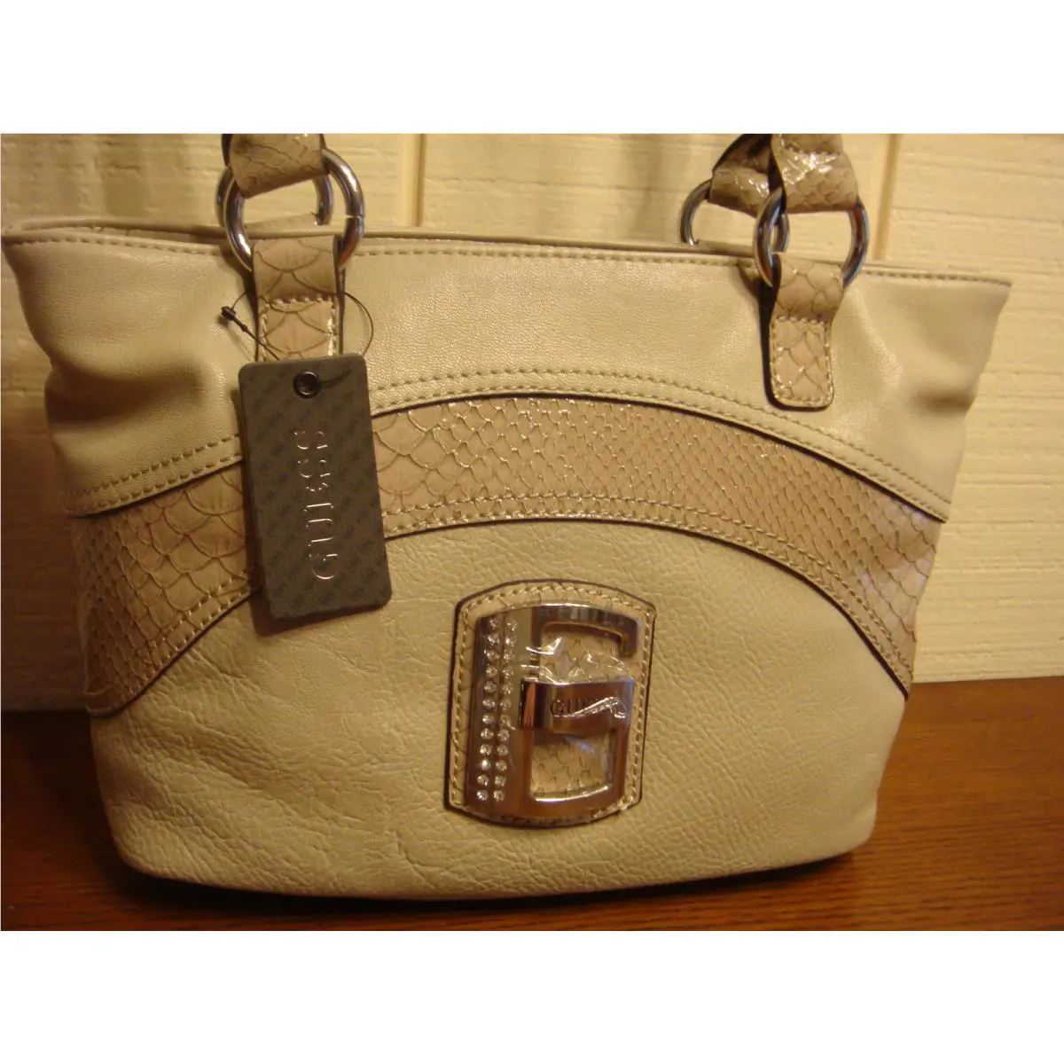 Guess Bromley Light Stone Tote Handbag W/ Rhinestone