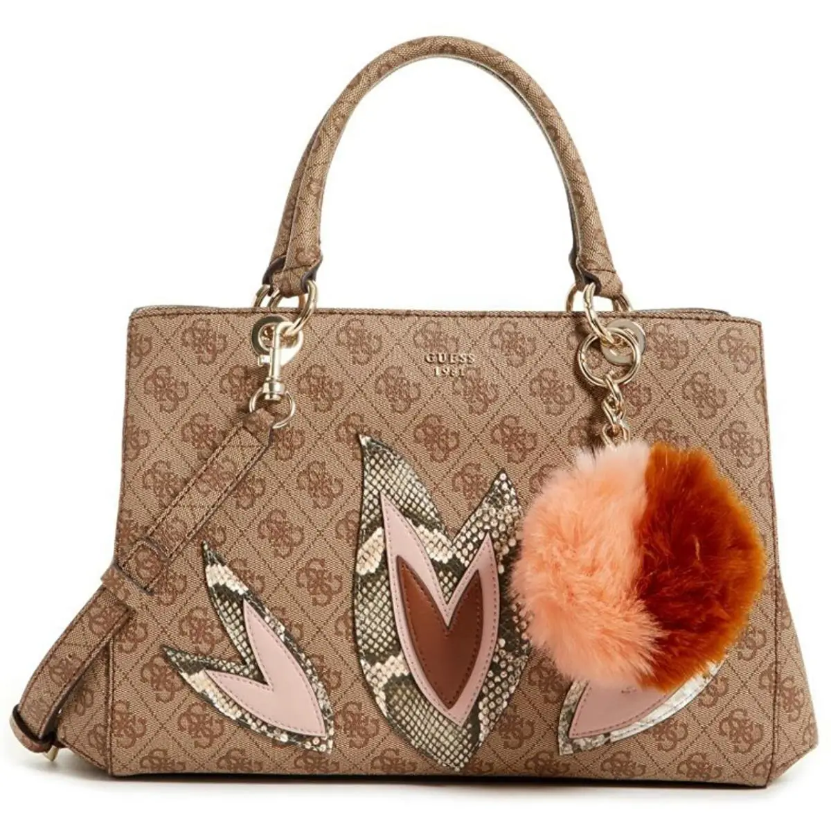 Guess Women`s Jaden Brown Print Logo Floral Detail Satchel Handbag Purse - Exterior: Brown