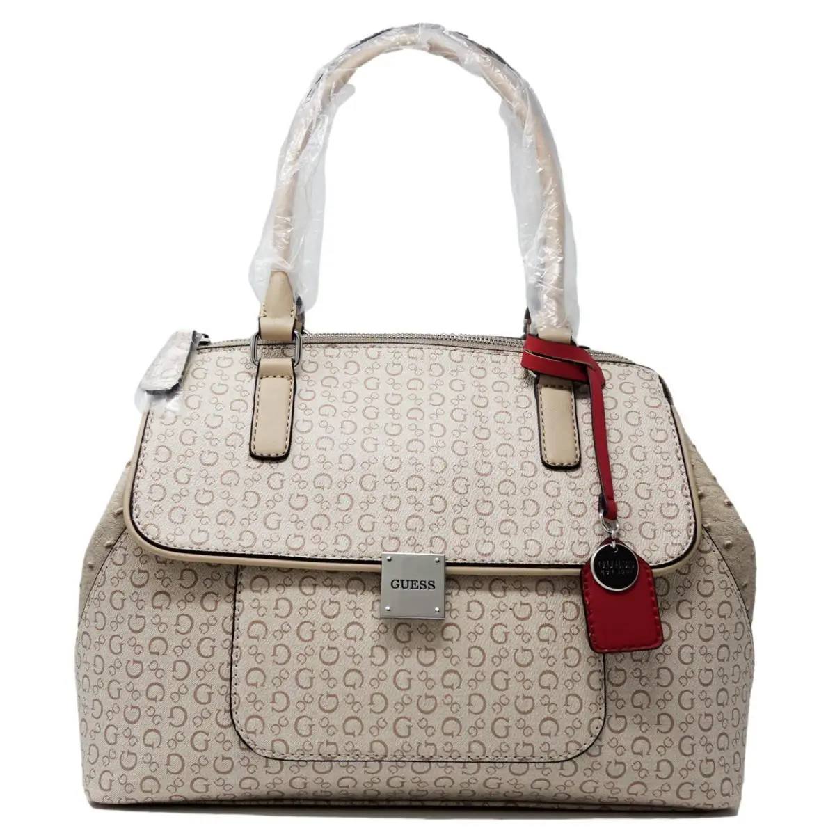 Guess Women`s Octavia Stone Beige Logo Print Satchel Handbag Purse Tote
