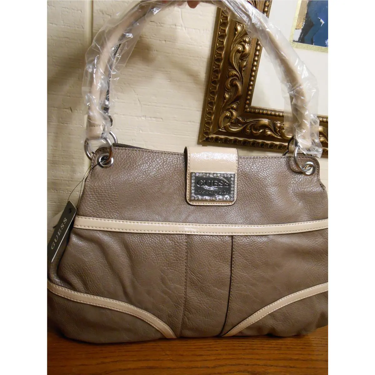 Guess Kissa Taupe Multi Satchel Handbag W/ Rhinestone