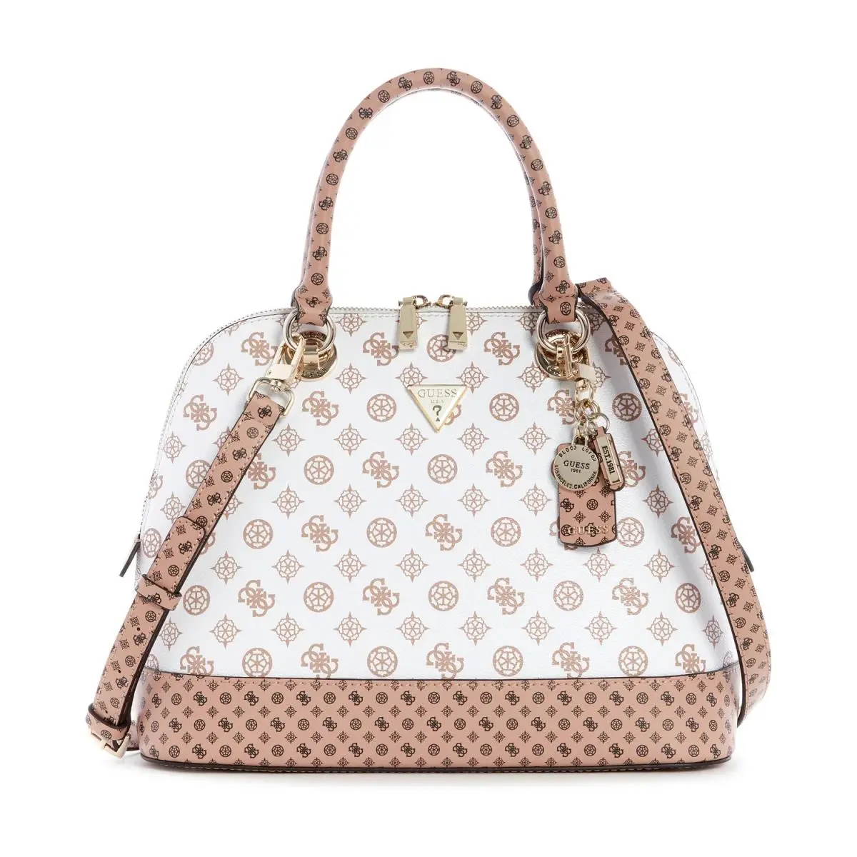 Guess Women`s Cessily Dome Satchel Crossbody Bag Handbag - White / Tan