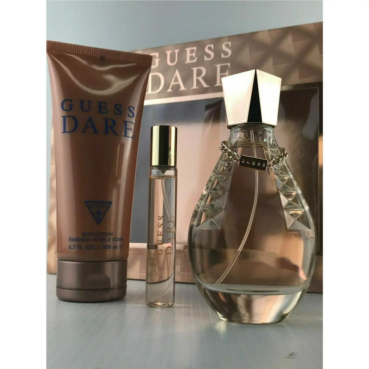 Guess Dare Women 3pc Set Perfume Spray 3.4 oz Body Lotion 6.7 Mini Spray