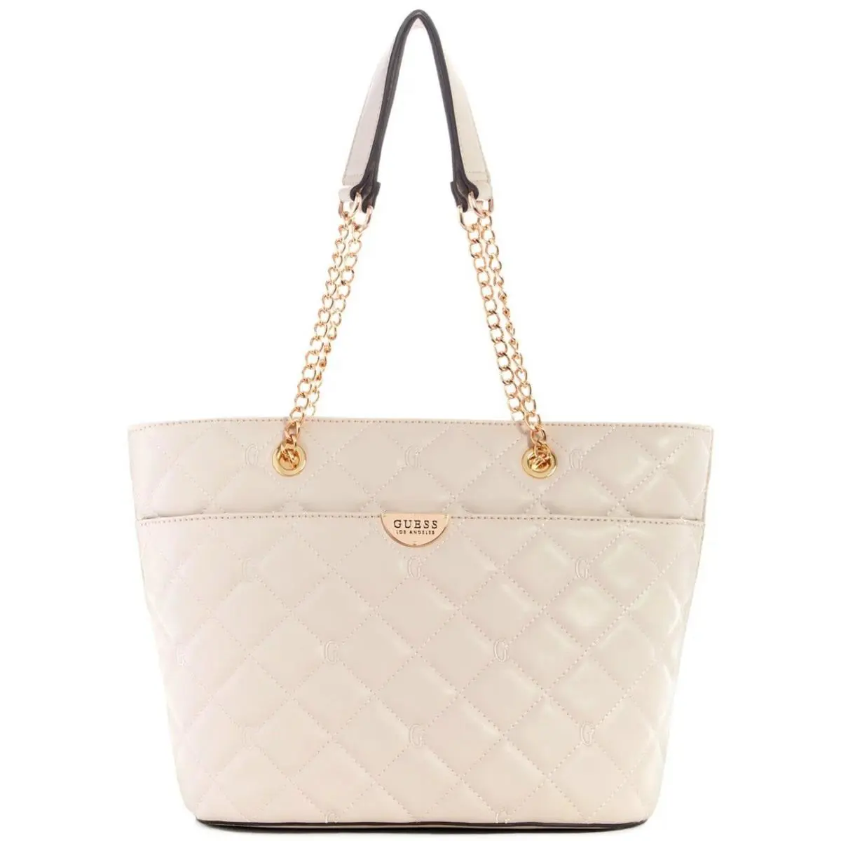 Guess Women`s Stone Beige Quilted G Logo Embroidered Large Tote Bag Handbag