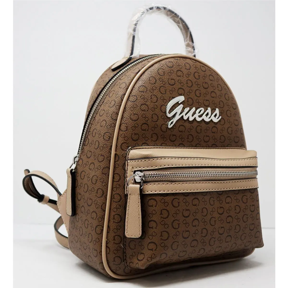 Guess Women`s Hendry Cocoa Brown Logo Print Small Backpack Bag Handbag Purse