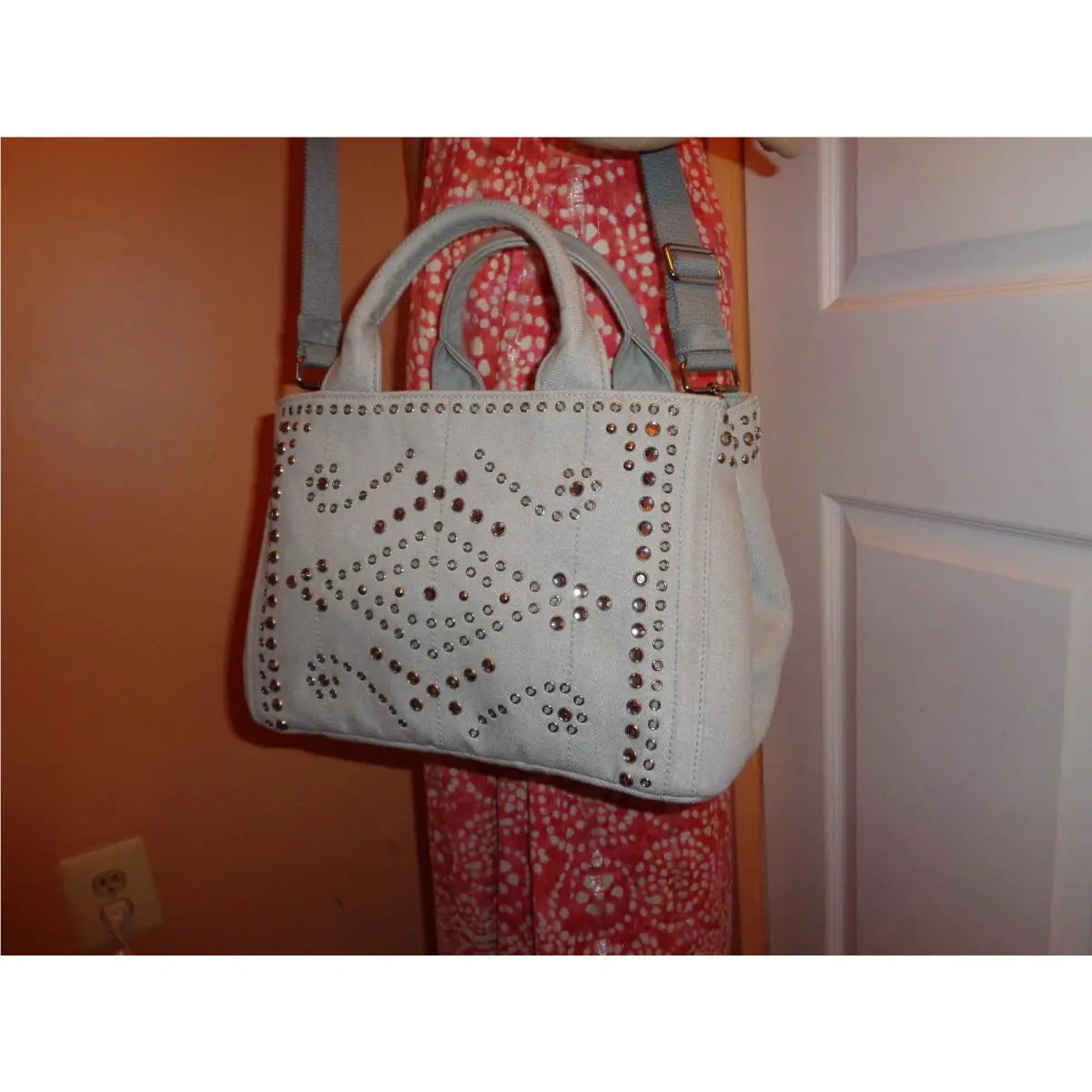 Prada Denim Nube Light Grey Studded Rhinestone Tote Shoulder BN2439