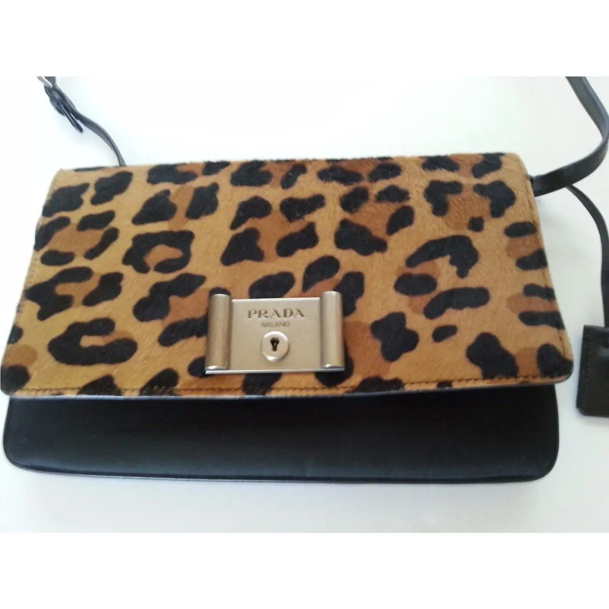 Prada Calf Hair Nylon Leather Flap Clutch Crossbody Bag Purse Leopard