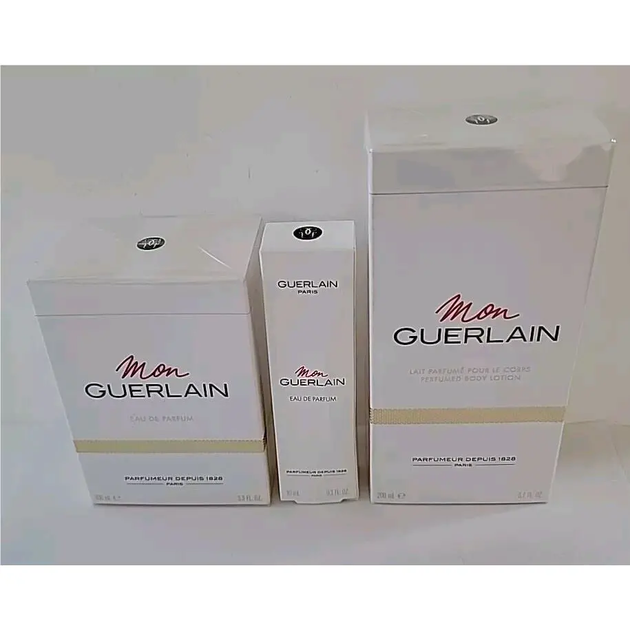 Mon Guerlain Set Eau De Parfum 3.3 oz Mini Spray .03 Body Lotion 6.7 oz