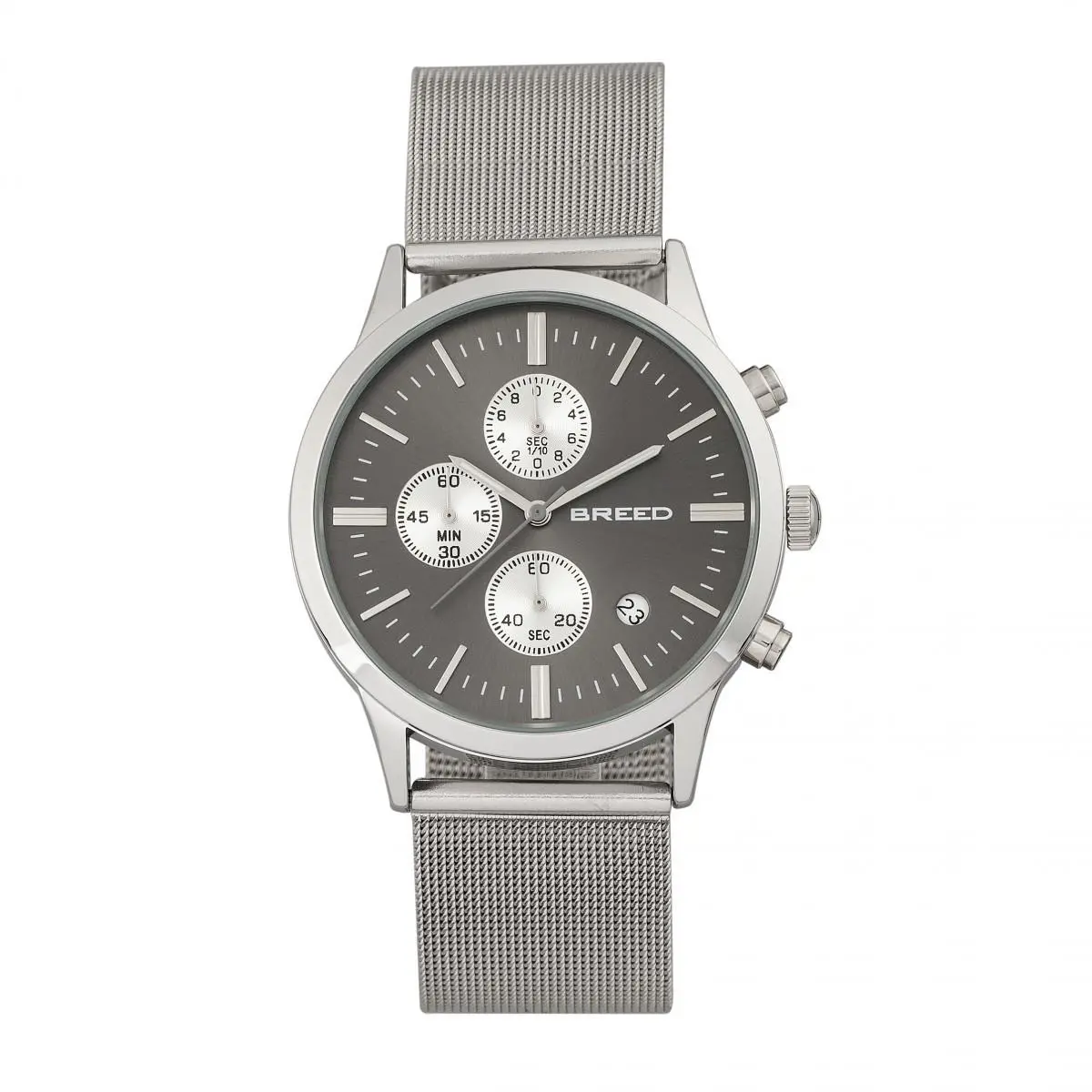 Espinosa Men`s Chronograph Silver Mesh Bracelet Watch w/ Date - Black 7602 by Breed