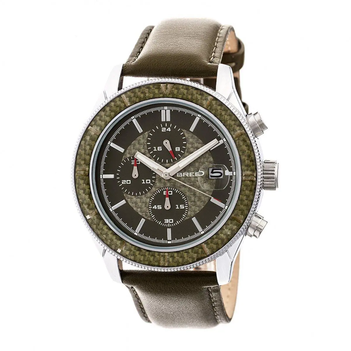 Maverick Men`s Silver Cronograph Olive Leather Watch w/ Date 7505 by Breed