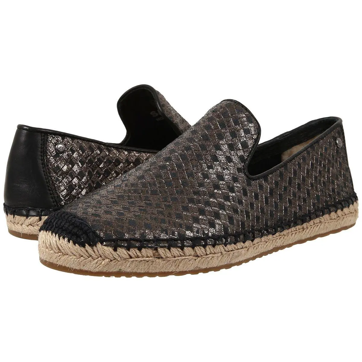 Women Ugg Sandrinne Black Leather Loafers Slip On Espadrille Flats Size 7 6