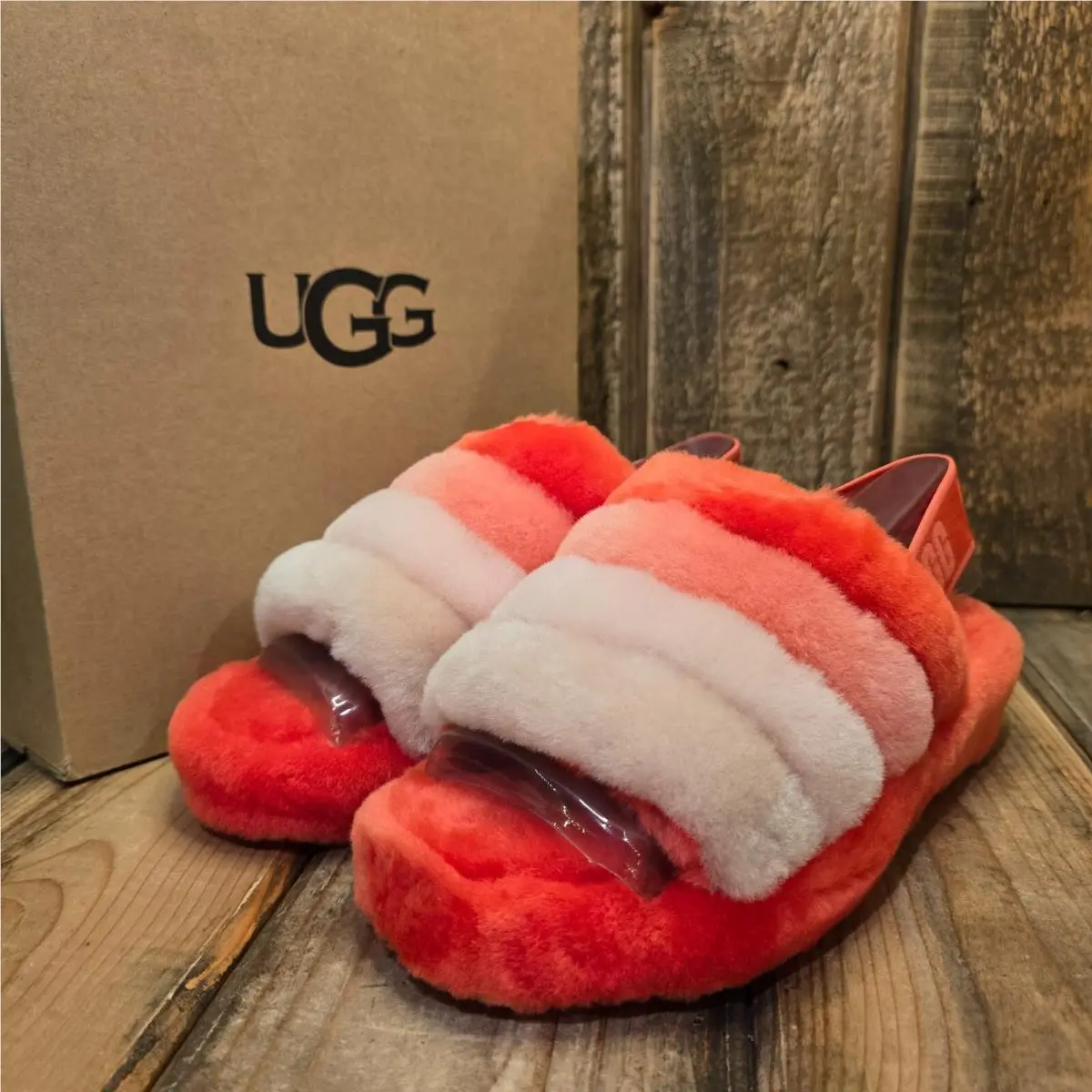 Ugg Fluff Yeah Slide Womens US 6 Wool Slipper Sandal Orange Lava Flow Slingback