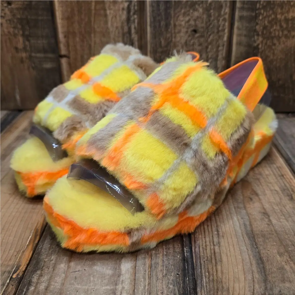 Ugg Fluff Yeah Slide Plaid Punk Yellow Multi Slingback Furry Sandal Womens US 8 by UGG