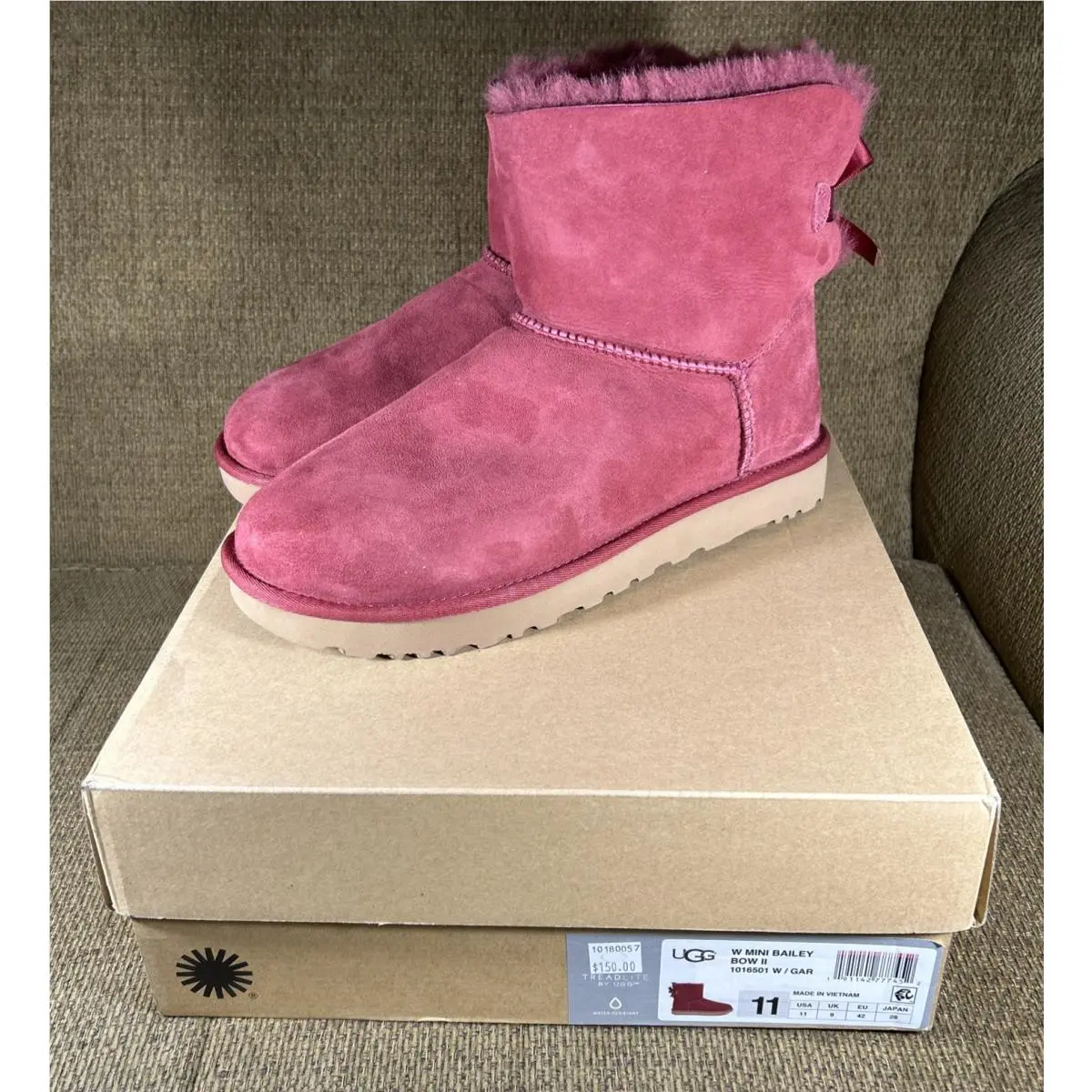 Ugg Brand Mini Bailey Bow II Womens Boots Shoes Pink/burgundy 1016501 Size 11