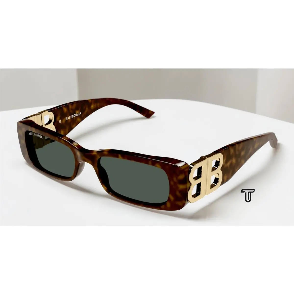 Balenciaga BB0096S 002 Rectangular Havana Gold Green 51 mm Women`s Sunglasses