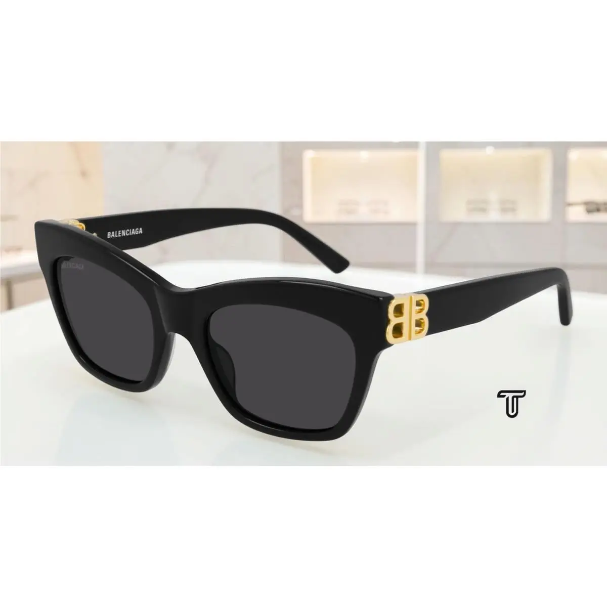 Balenciaga BB0132S 001 Cat Eye Acetate Black Gold Grey 53 mm Women`s Sunglasses