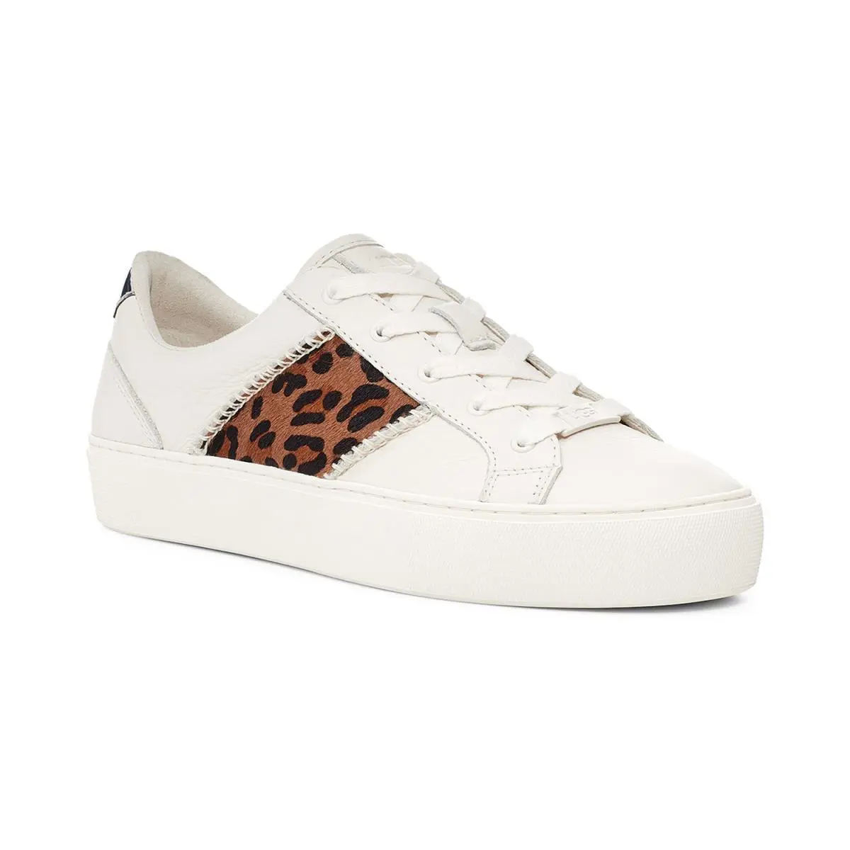 Ugg Women`s White Leather Leopard Print Dinale Lace-up Sneakers - 6 - White - White