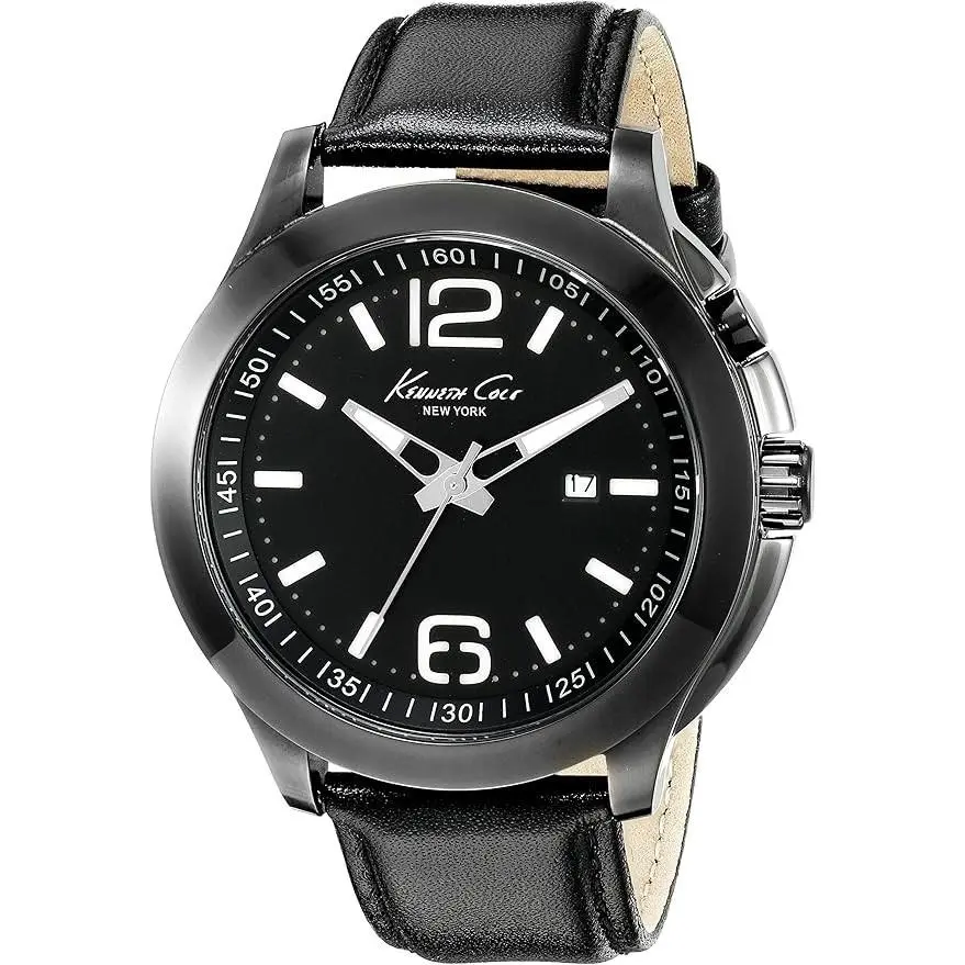 Men`s 10022558 Date Quartz Black Leather Strap Watch by Kenneth Cole
