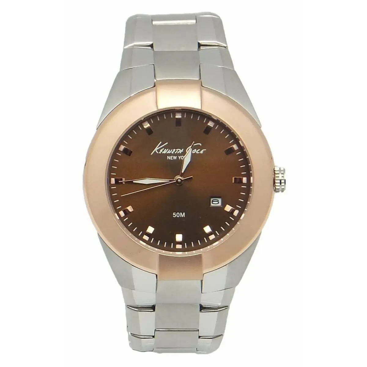 Kenneth Cole York Dress Date Men`s Analog Round Watch KC9132 Rose-gold Bezel - Dial: Brown, Band: Brushed & polished stainless steel, Bezel: Rose Gold