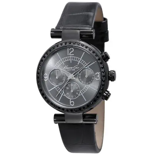 Kenneth Cole Black Croc Leather+gunmetal Tone Dial+crystals+chrono Watch KC2782