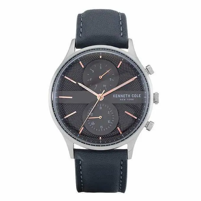 Kenneth Cole York KC51152001 Multifunction Grey Leather Strap Men`s Watch - Dial: Gray, Band: Gray, Bezel: Silver