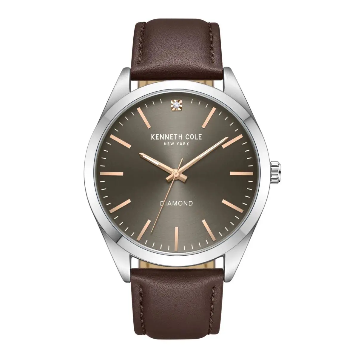 Kenneth Cole Men`s Watch Diamond Grey Dial Brown Leather Strap KCWGA7002201