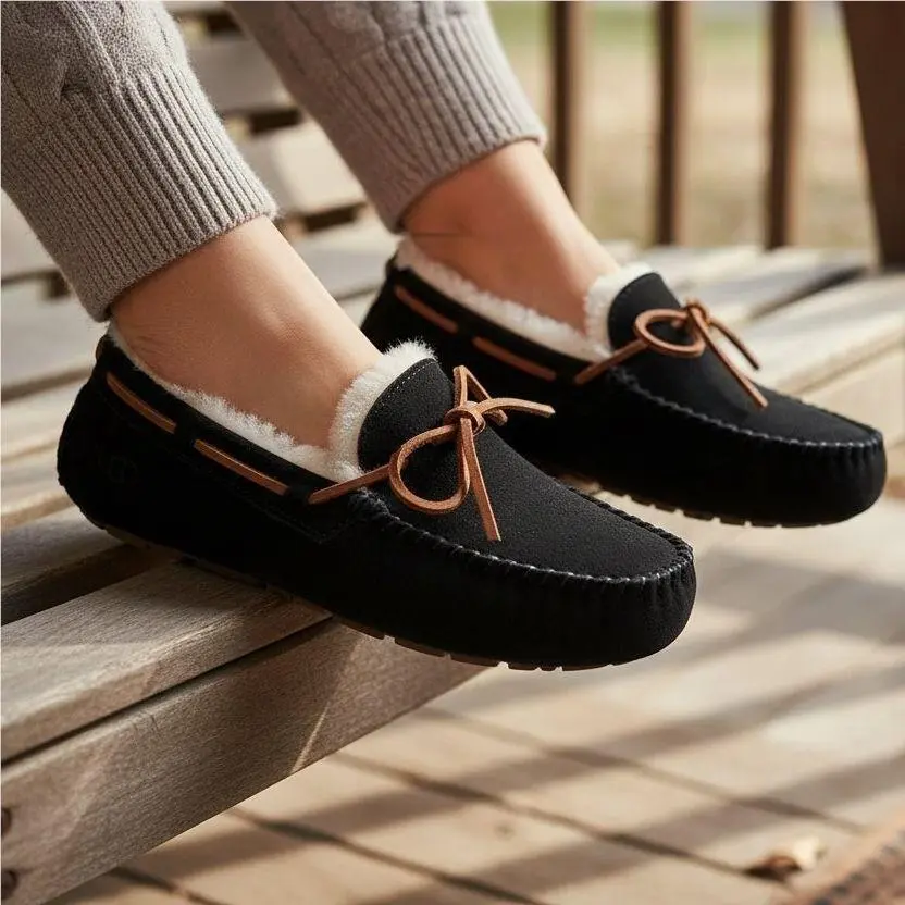 Ugg Slippers 6 Women Dakota Moccasin Suede Fuzzy Fur Slip-on House Shoes Loafer