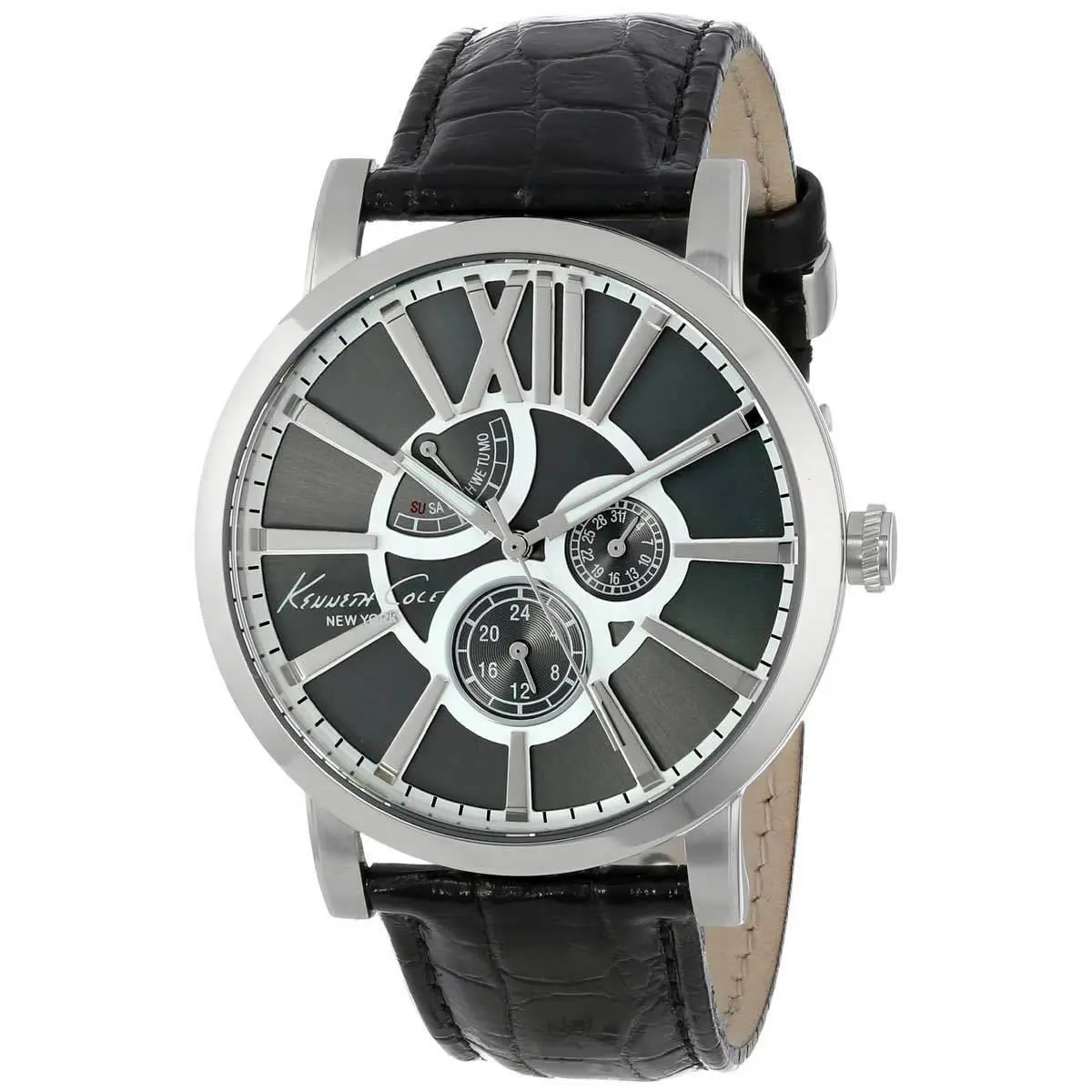 Kenneth Cole Silver Tone Black Croc. Leather Band Roman S Watch KC1980 - Dial: Black, Silver, Band: Black