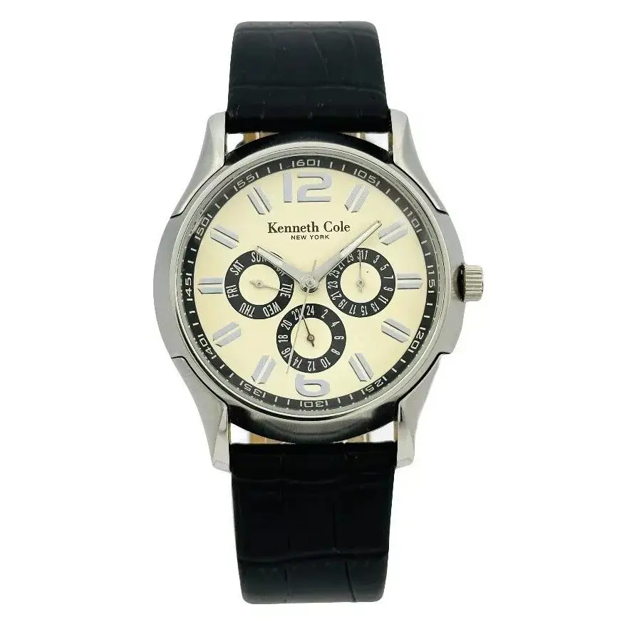 KC1229 Multi-function Cream Dial Black Leather Strap Watch by Kenneth Cole