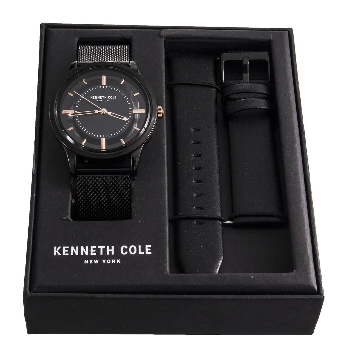 York Clear Dial Black Black Mesh Black Leather Band Watch Set by Kenneth Cole