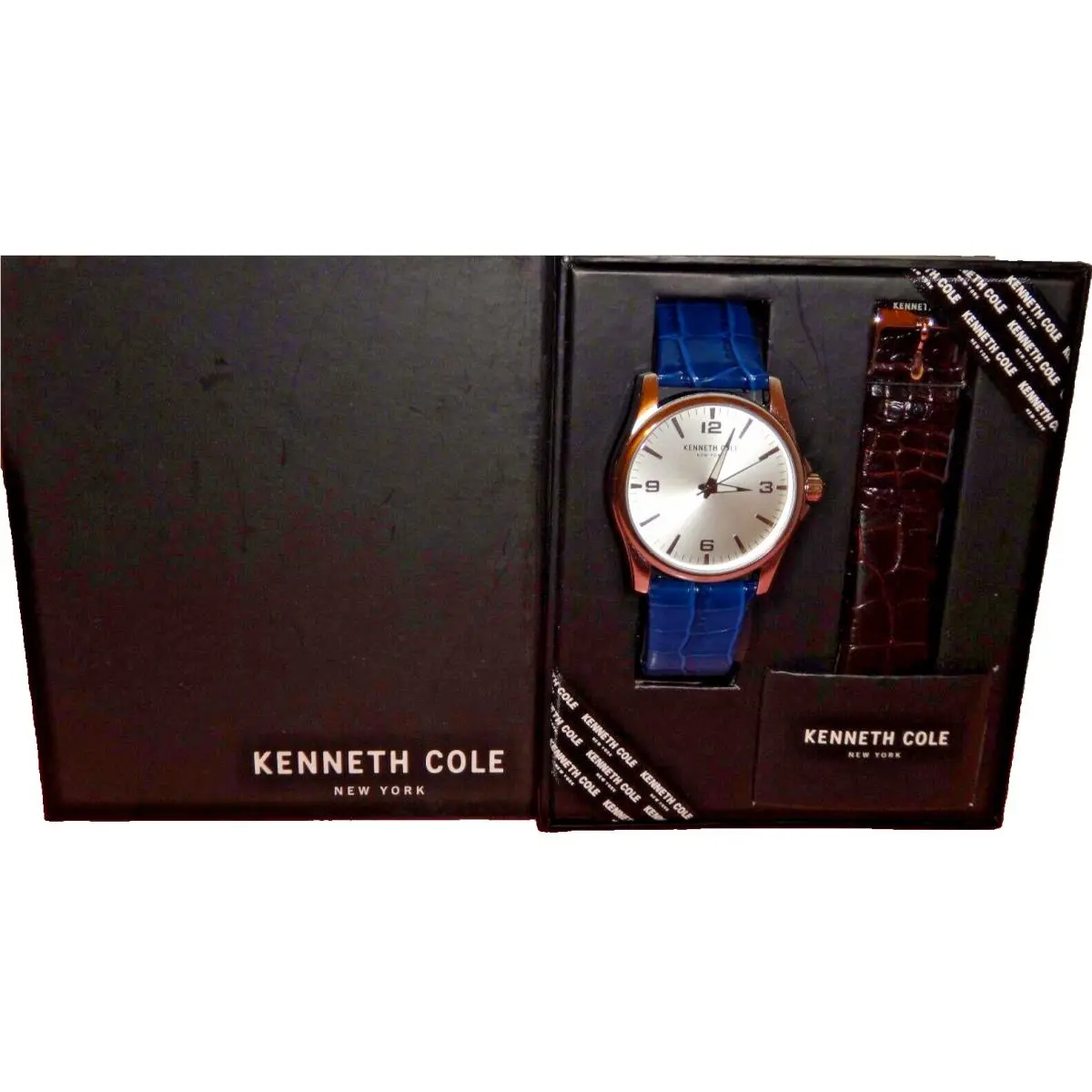 Kenneth Cole Gift Set Mens Silver Watch Two Straps Blue Brown Leather 10031385