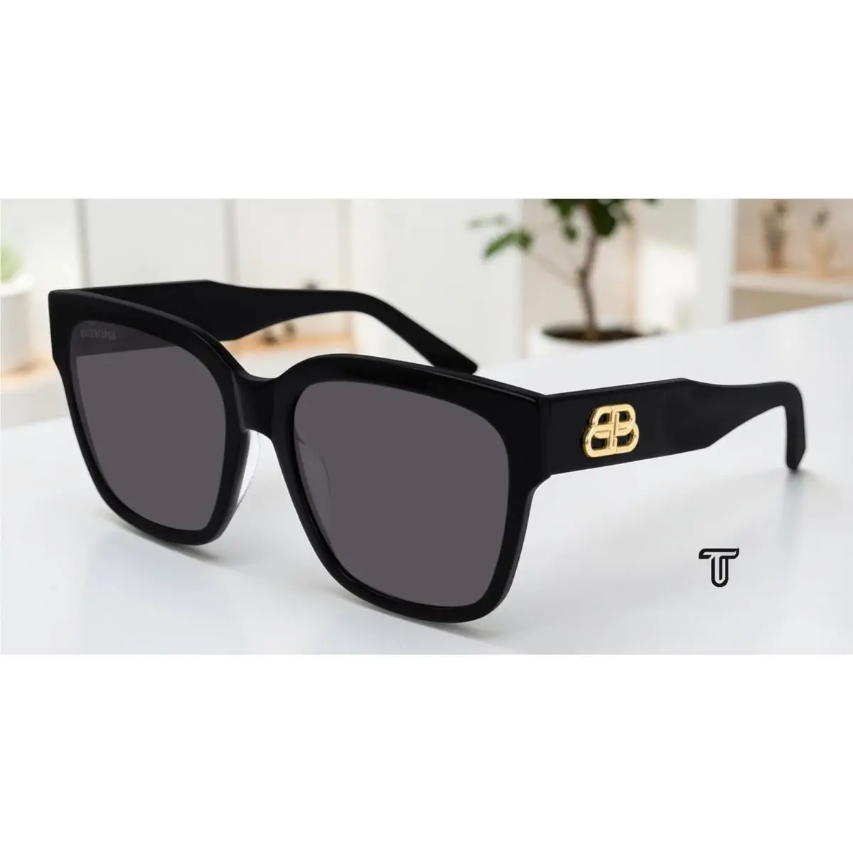Balenciaga BB0056S 001 Rectangular Squared Black Grey 55 mm Women`s Sunglasses