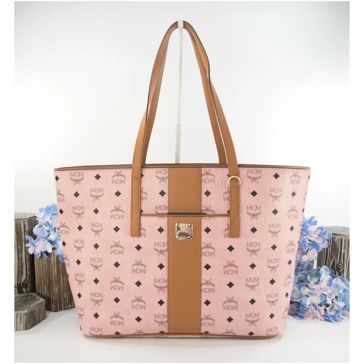 Mcm Anya Baby Pink Visetos Logo Stripe Medium Tote Bag