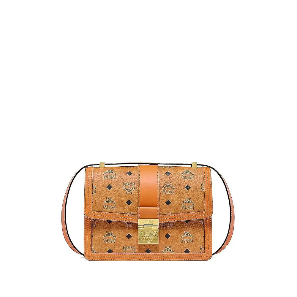 Mcm Tracy Medium Leather Signature Visetos Shoulder Bag Cognac