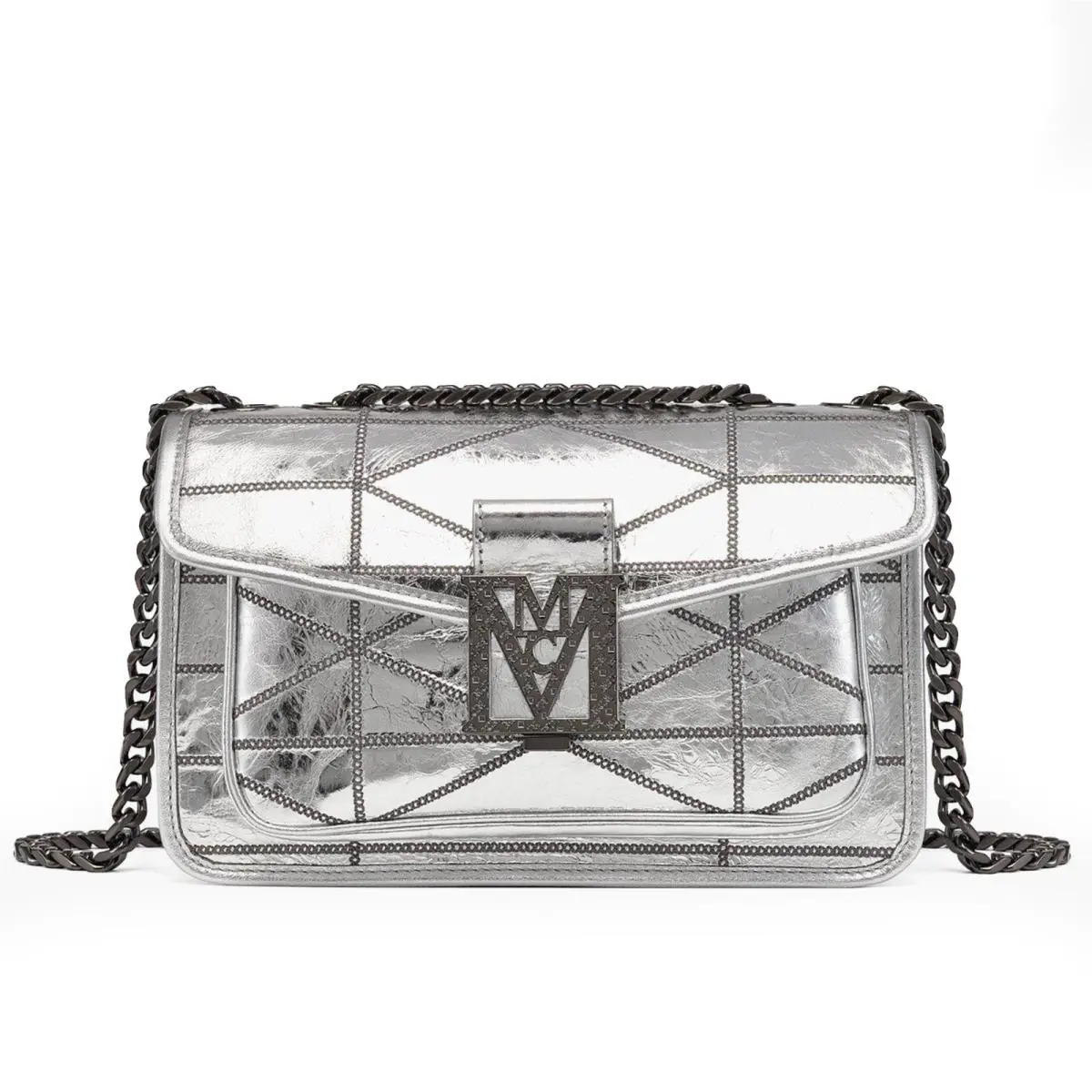 Mcm Travia Silver Quilted Crash Calf Leather Shoulder Bag Crossbody 0207