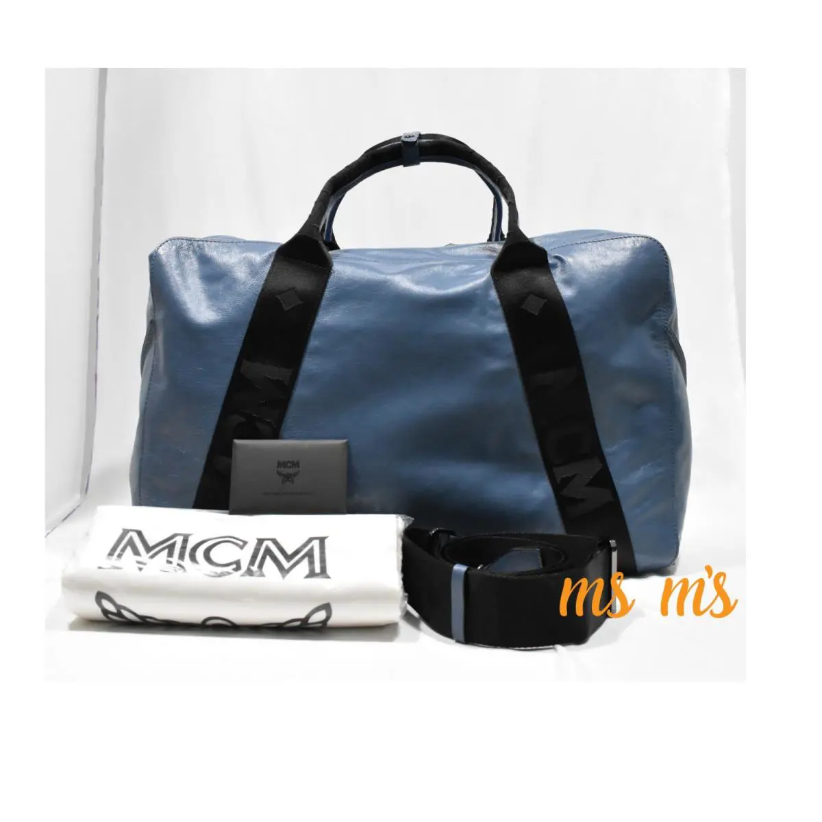 Mcm Stadt Large Blue Lambskin Leather Duffel Tote Bag Unisex