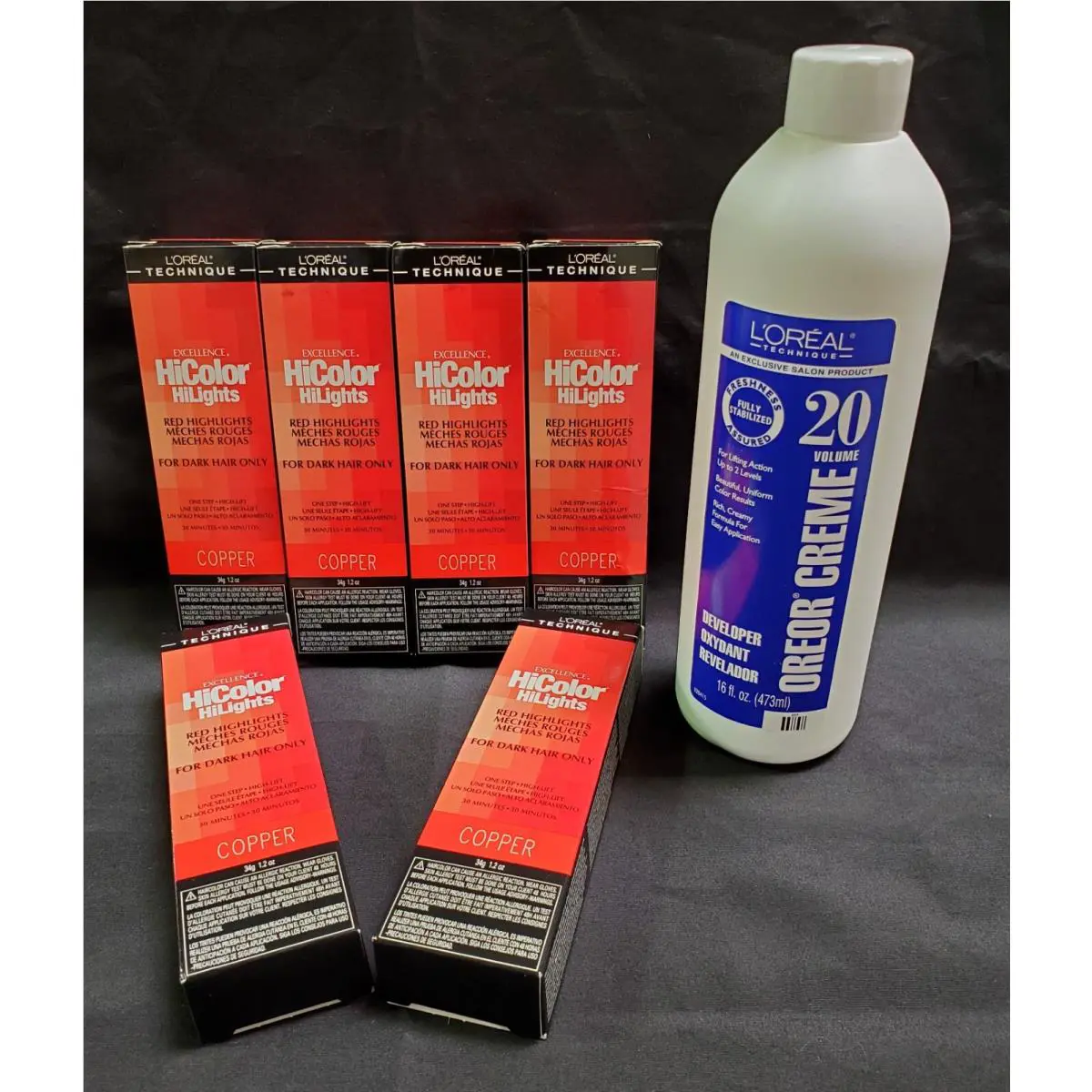 Loreal Excel Hicolor Hilights Copper 1.2oz 6 Pack with 16oz 20 Vol Oreor Creme