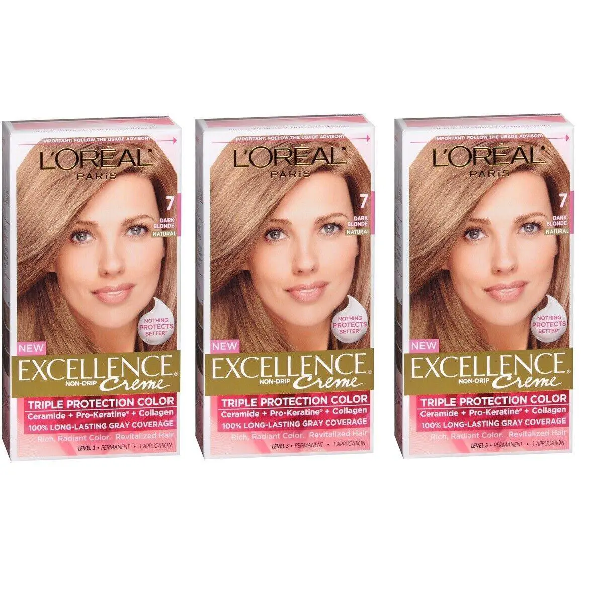 L`oreal Paris Excellence Creme Permanent Hair Color 7 Dark Blonde X 3 Packs