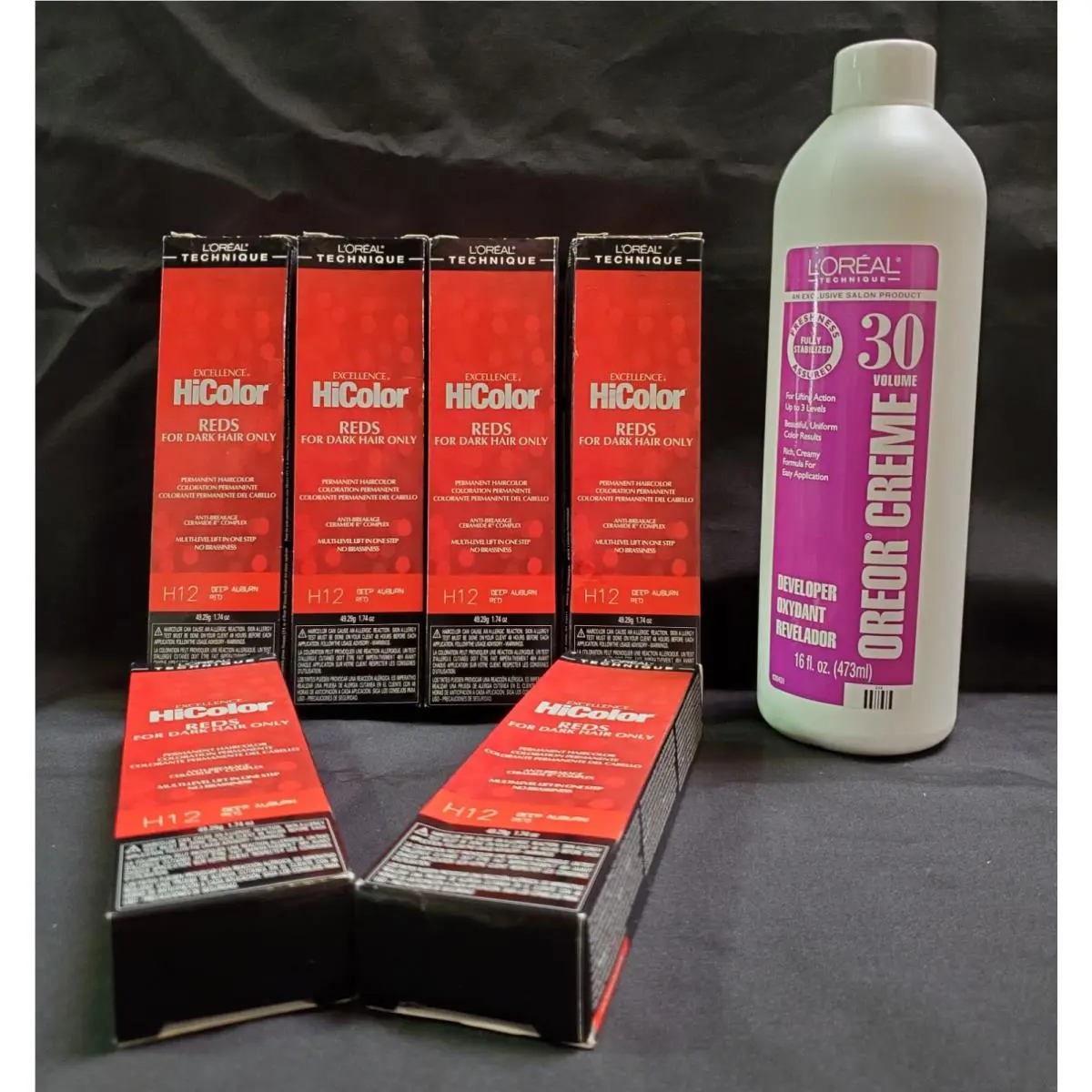 L`oreal Hicolor Dark Hair/H12 Deep Auburn Red 1.74oz 6 Pack 16oz 30 Vol Oreor