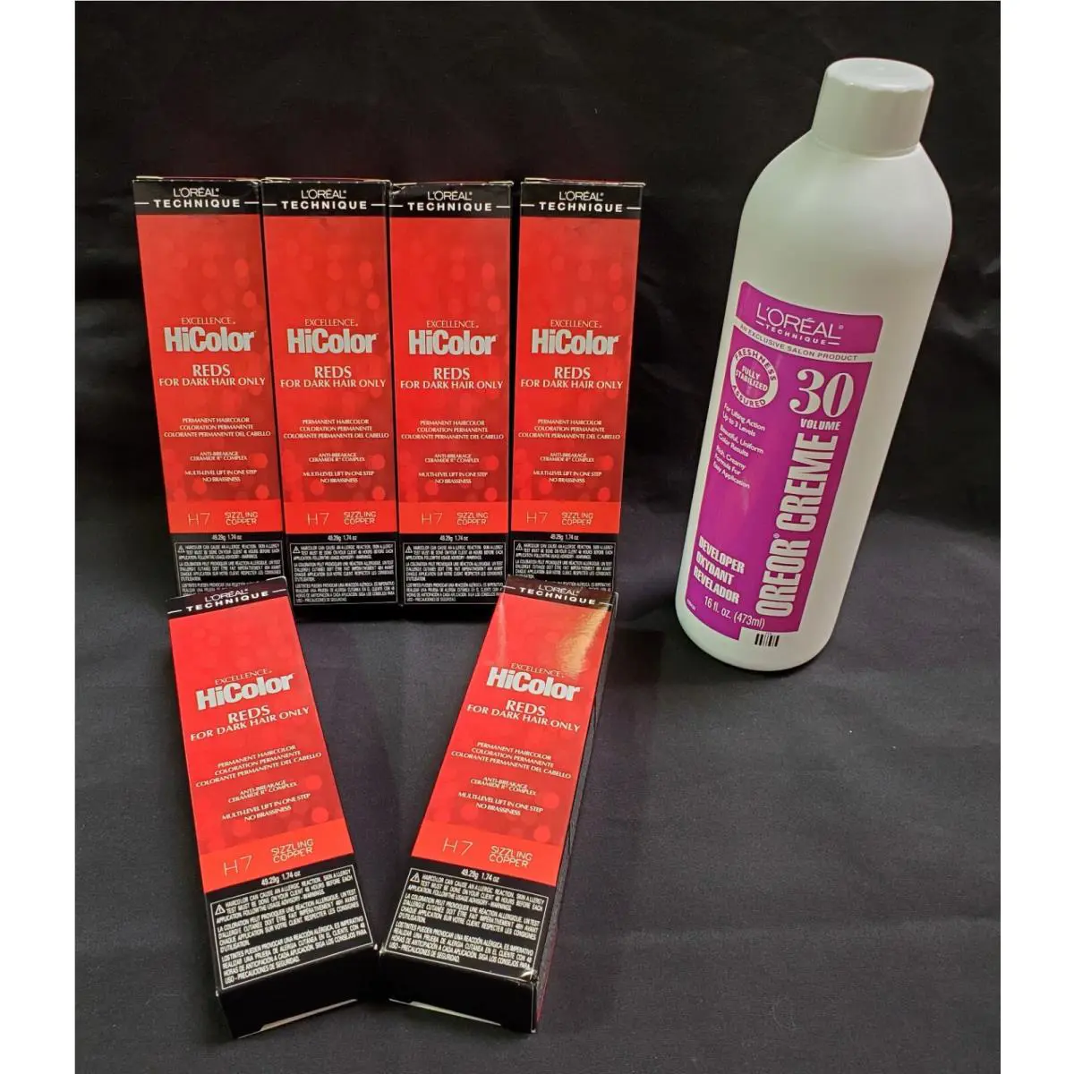 Loreal Excel Hicolor H7 Sizz Copper 1.74oz 6 Pack with 16oz 30 Vol Oreor Creme