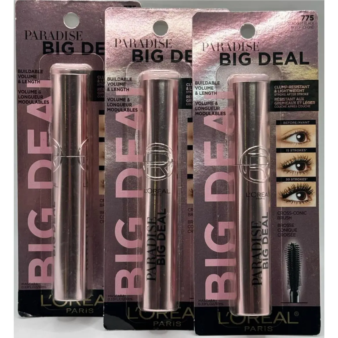 3PK Loreal Paradise Big Deal Mascara 775 Blackest Black 0.33 FL OZ Each