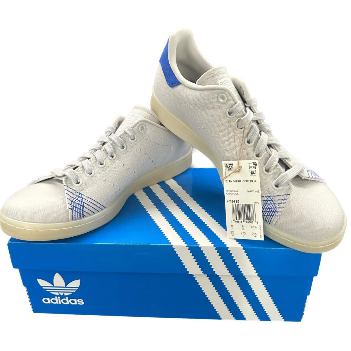 Adidas Originals Stan Smith Primeblue Sneakers Mens Size 9.5 Grey Royal Blue